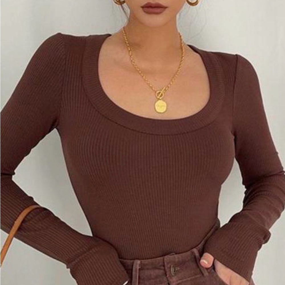 Reformation Ribbed Scoop Neck Long Sleeve Top - Chocolate Brown